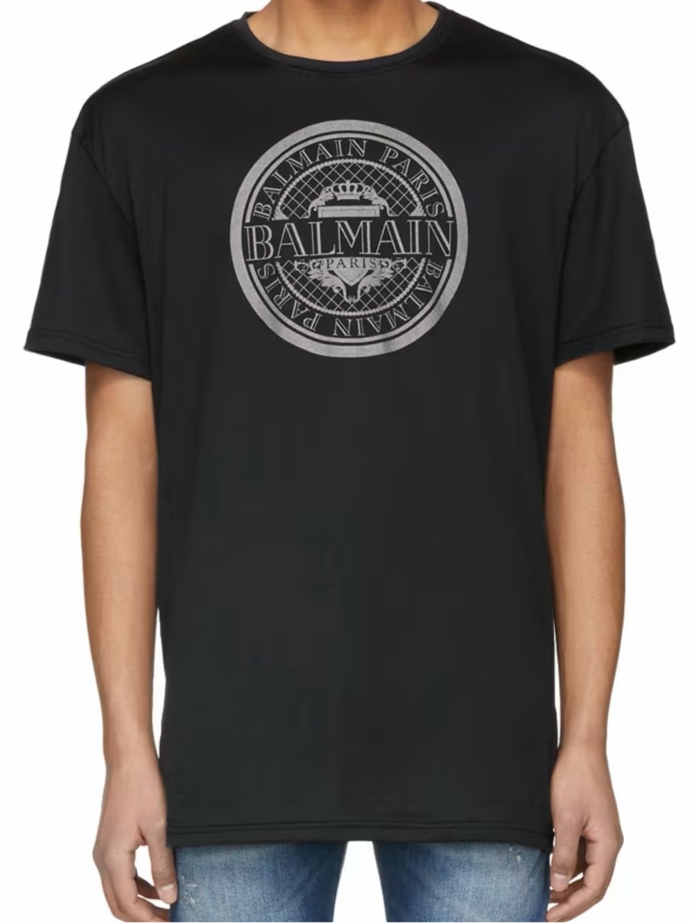 Balmain Black Tee with Silver Logo Medallion